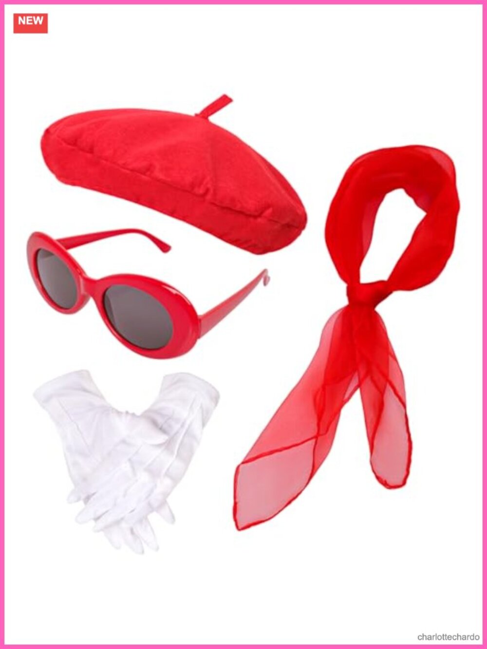 5 Pc French Beret Set Wool Blend Hat Gloves Scarf Sunglasses Costume Accessories